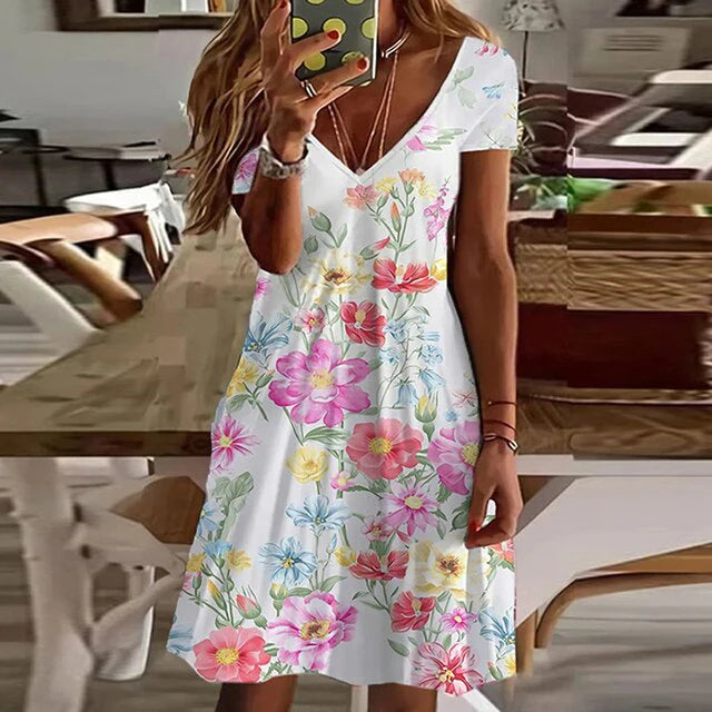 Meredith - Bedrucktes Kleid mit kurzen Ärmeln und V-Ausschnitt