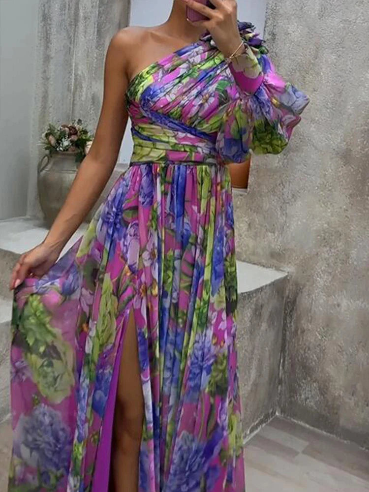 Lilac - Lila Druck Seite Schlitz ein Ärmel Sexy Maxikleid