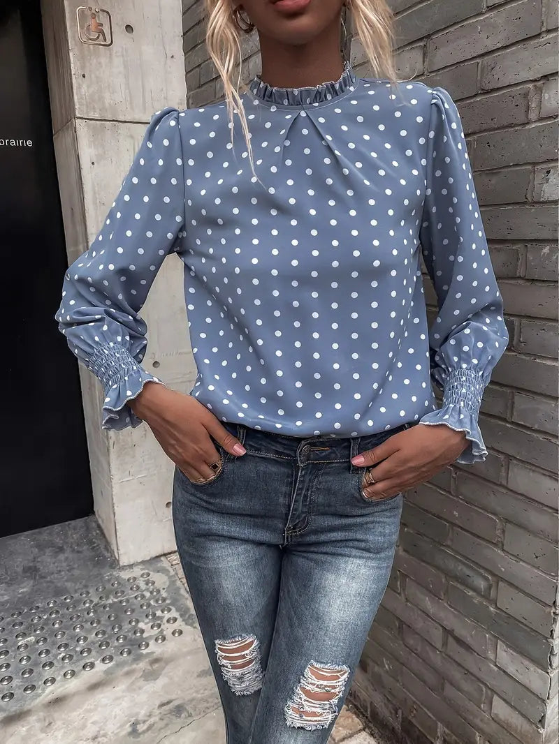 Elsie - Elegante gepunktete Bluse mit gerafften Ärmeln für Damen