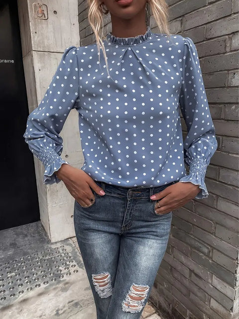 Elsie - Elegante gepunktete Bluse mit gerafften Ärmeln für Damen