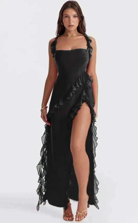 Edna - Elegantes figurbetontes Maxikleid mit Rüschen
