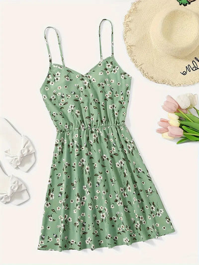 Ardelia - Damen Floral Print V-Ausschnitt Spaghetti-Trägerkleid