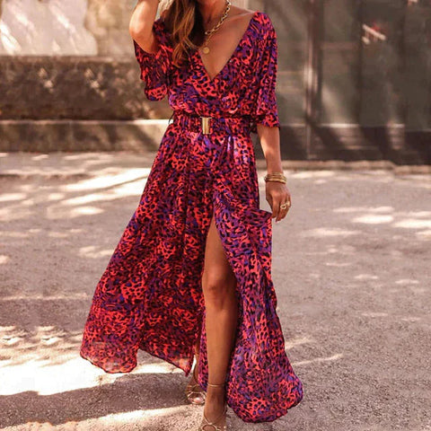 Naomi - Kurzärmeliges Maxikleid mit V-Ausschnitt