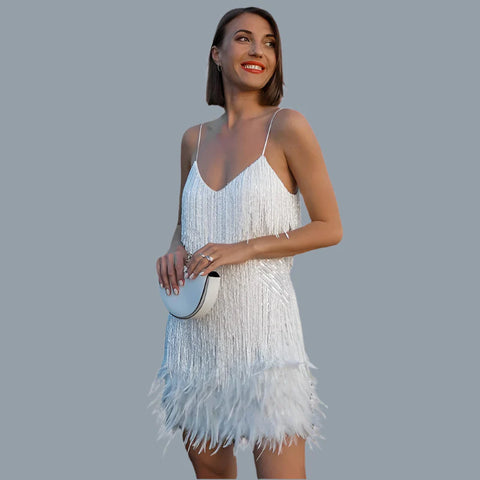 Rosalind - Spaghetti-Träger V-Ausschnitt Pailletten-Kleid mit Quasten