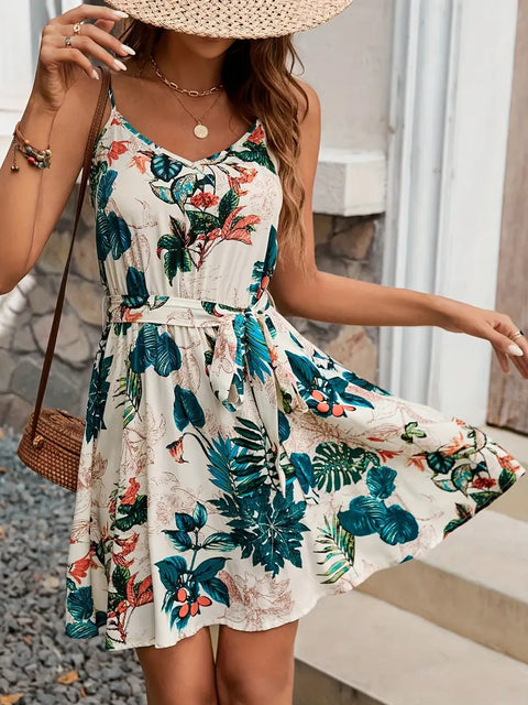 Alva - Damen Floral Print V-Ausschnitt Spaghetti-Trägerkleid