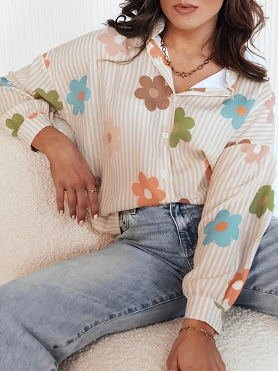 Malvina - Elegantes Button-Up-Hemd mit Blumen- und Streifenmuster