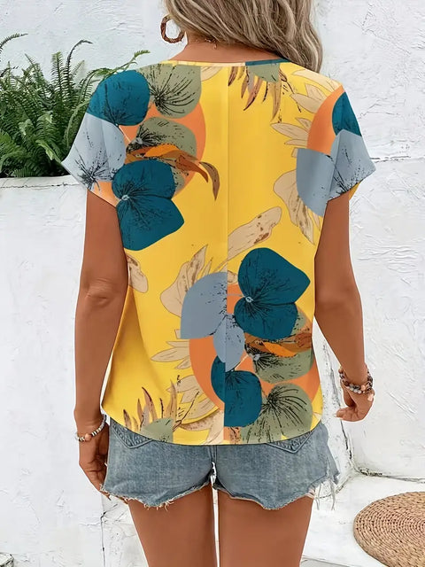 Olive - Elegante Damenbluse mit Blumenmuster und kurzen Ärmeln
