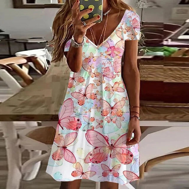 Meredith - Bedrucktes Kleid mit kurzen Ärmeln und V-Ausschnitt