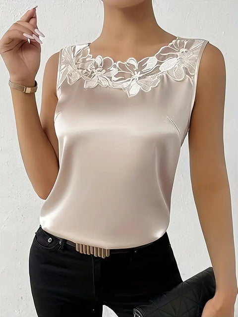 Elva - Elegante ärmellose Bluse aus Satin mit Spitzenbesatz