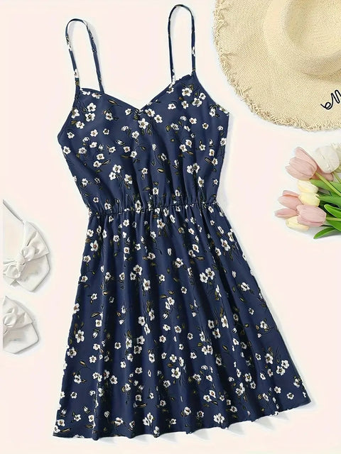Ardelia - Damen Floral Print V-Ausschnitt Spaghetti-Trägerkleid