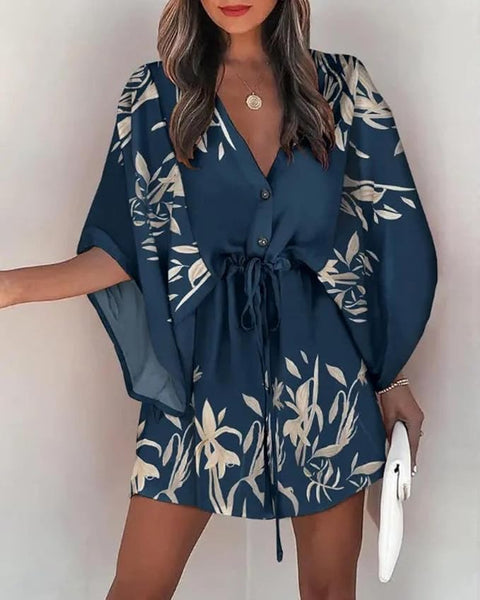 Adeliza - Bedrucktes Kleid mit V-Ausschnitt und Fledermausärmeln