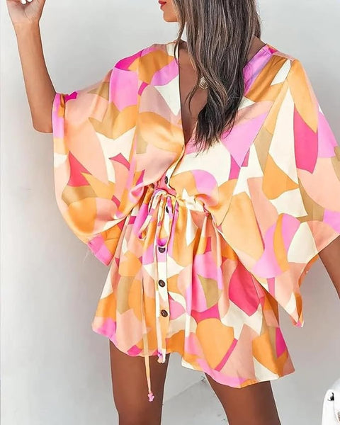 Adeliza - Bedrucktes Kleid mit V-Ausschnitt und Fledermausärmeln