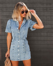 Cressida - Denimkleid mit Puffärmeln Knopfleiste und Gürtel