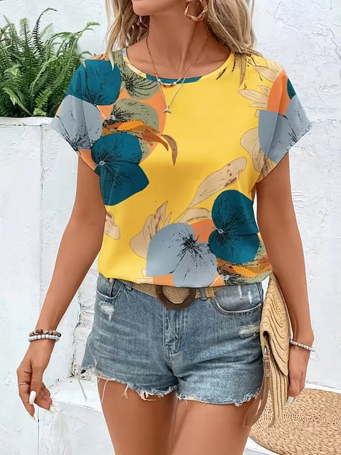 Olive - Elegante Damenbluse mit Blumenmuster und kurzen Ärmeln
