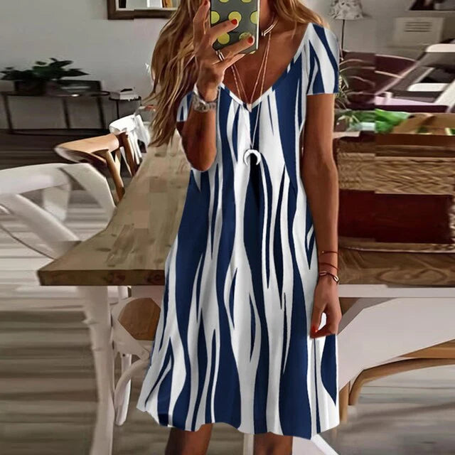 Meredith - Bedrucktes Kleid mit kurzen Ärmeln und V-Ausschnitt
