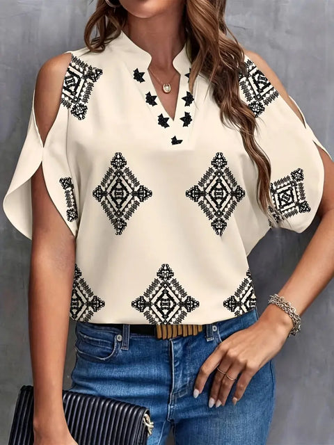 Eudocia - Elegante schulterfreie Bluse mit geometrischem Print für Damen