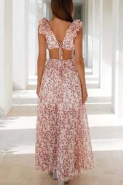 Rosetta - Elegantes Blumen-V-Ausschnitt-Kleid mit Rüschen und rückenfreiem Design sowie Schlitz für Damen