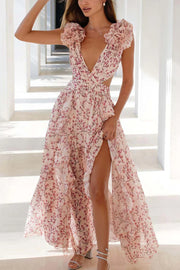 Rosetta - Elegantes Blumen-V-Ausschnitt-Kleid mit Rüschen und rückenfreiem Design sowie Schlitz für Damen