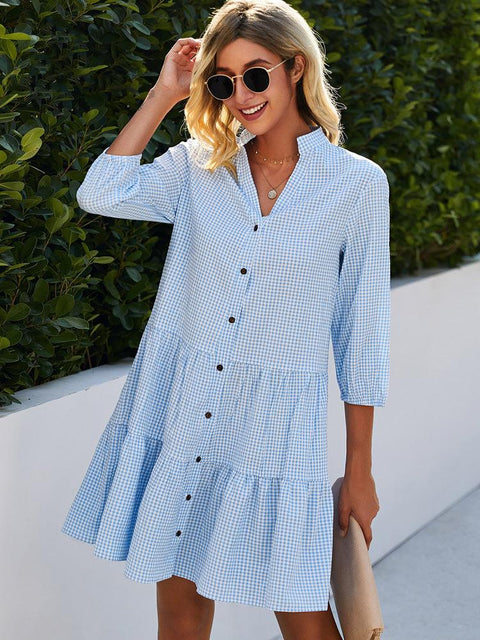 Delphine - Kleid mit V-Ausschnitt und Streifenmuster und Knopfleiste