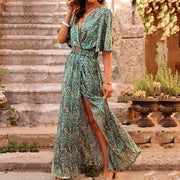 Vina - Elegantes bedrucktes Wickel-Maxi-Kleid mit Schlitz