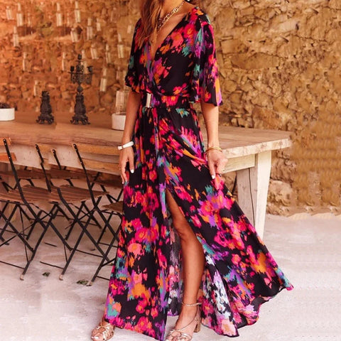 Vina - Elegantes bedrucktes Wickel-Maxi-Kleid mit Schlitz