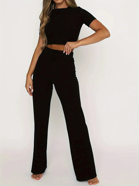 Vanessa - Kurzärmeliges Crop-Top und lange Hose mit hoher Taille