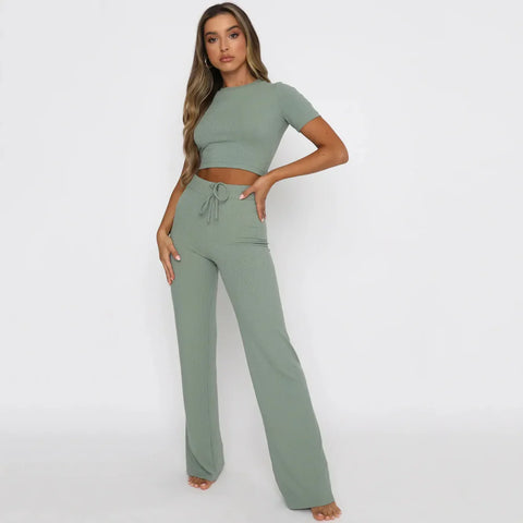 Vanessa - Kurzärmeliges Crop-Top und lange Hose mit hoher Taille