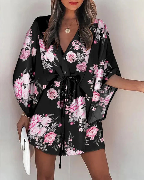 Adeliza - Bedrucktes Kleid mit V-Ausschnitt und Fledermausärmeln