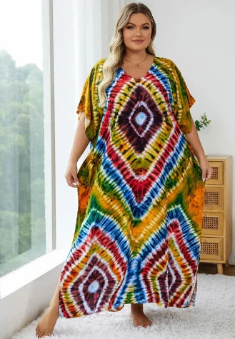 Sherman - Multicolor lockeres Boho Kleid mit V-Ausschnitt