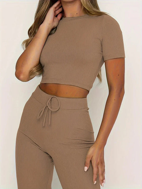 Vanessa - Kurzärmeliges Crop-Top und lange Hose mit hoher Taille