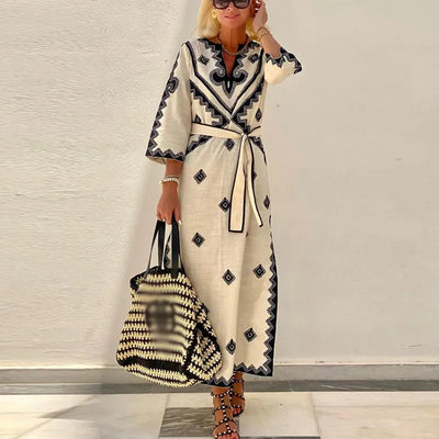 Marlena - Damenmode Bohemian Maxikleid mit geometrischem Print und Gürtel