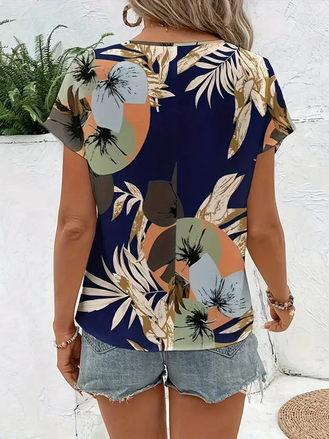 Olive - Elegante Damenbluse mit Blumenmuster und kurzen Ärmeln