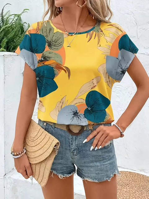 Olive - Elegante Damenbluse mit Blumenmuster und kurzen Ärmeln