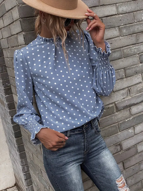 Elsie - Elegante gepunktete Bluse mit gerafften Ärmeln für Damen