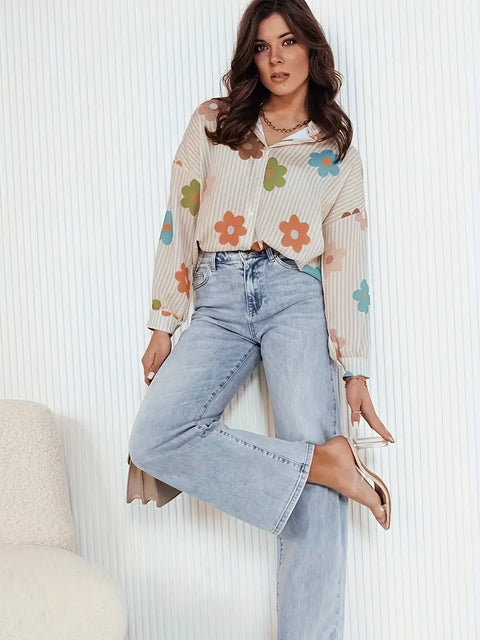 Malvina - Elegantes Button-Up-Hemd mit Blumen- und Streifenmuster