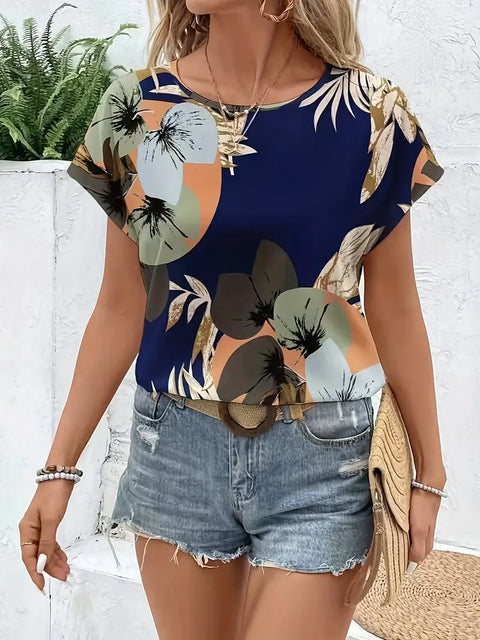 Olive - Elegante Damenbluse mit Blumenmuster und kurzen Ärmeln