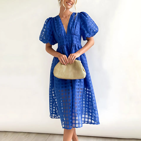 Alexandra - Midikleid aus quadratisch gemustertem Stoff mit Puffärmeln