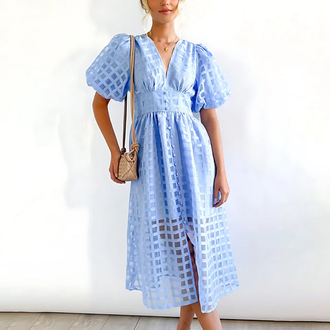 Alexandra - Midikleid aus quadratisch gemustertem Stoff mit Puffärmeln