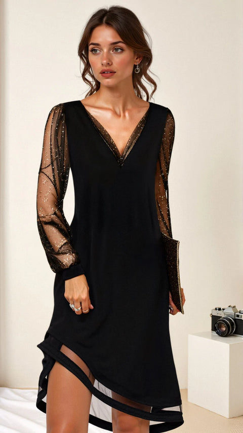 Rosalind - Elegantes Und Stilvolles Schwarzes Kleid Mit Durchsichtigen Ärmeln Für Damen