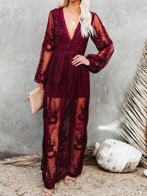 Suzanne - Elegantes und Fließendes Boho Spitzen-Maxikleid für Damen
