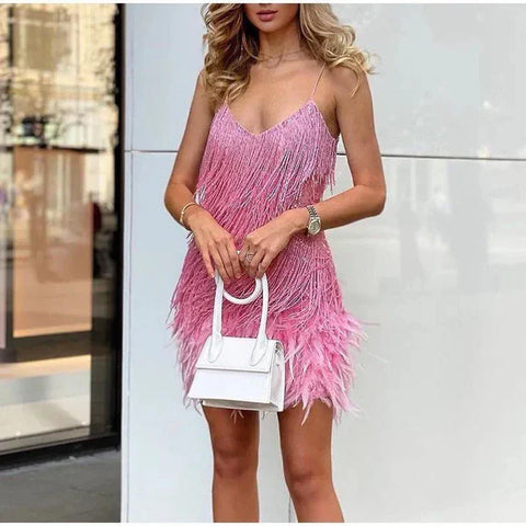 Rosalind - Spaghetti-Träger V-Ausschnitt Pailletten-Kleid mit Quasten